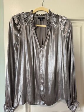 Current Air Metallic Silver Ruffle-Neck Blouse